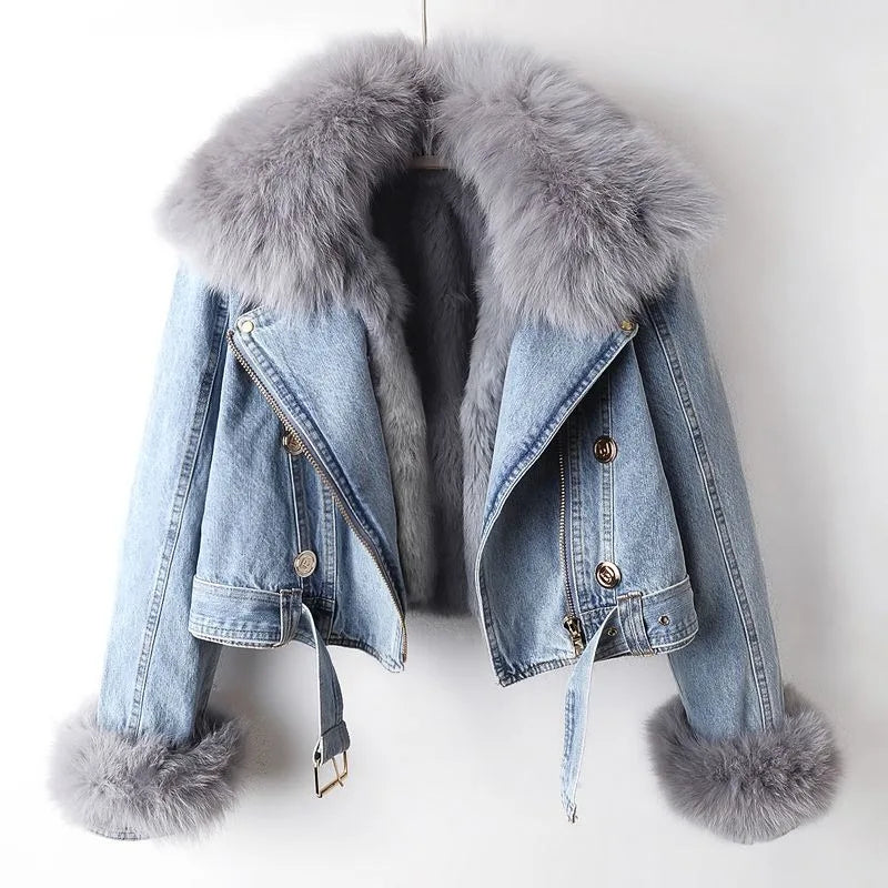 ORVÉLIA™ | Celeste Denim Moto en Fausse Fourrure