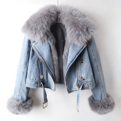 ORVÉLIA™ | Celeste Denim Moto en Fausse Fourrure