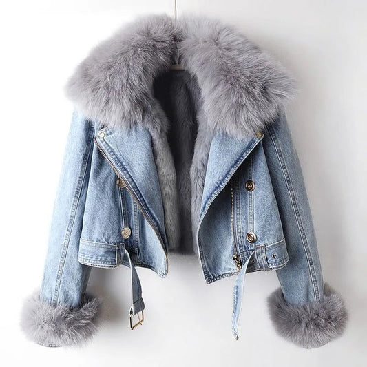 ORVÉLIA™ | Celeste Denim Moto en Fausse Fourrure