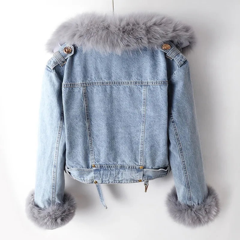 ORVÉLIA™ | Celeste Denim Moto en Fausse Fourrure