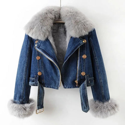 ORVÉLIA™ | Celeste Denim Moto en Fausse Fourrure