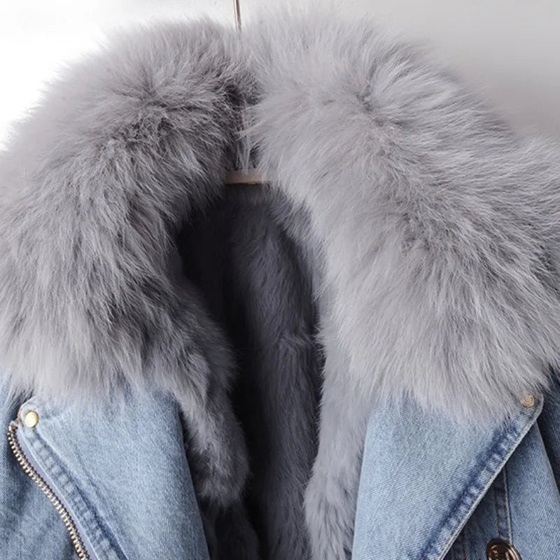 ORVÉLIA™ | Celeste Denim Moto en Fausse Fourrure