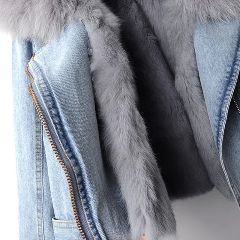 ORVÉLIA™ | Celeste Denim Moto en Fausse Fourrure