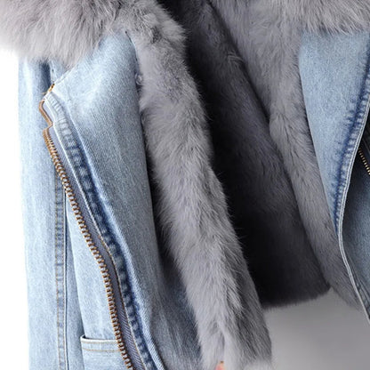 ORVÉLIA™ | Celeste Denim Moto en Fausse Fourrure
