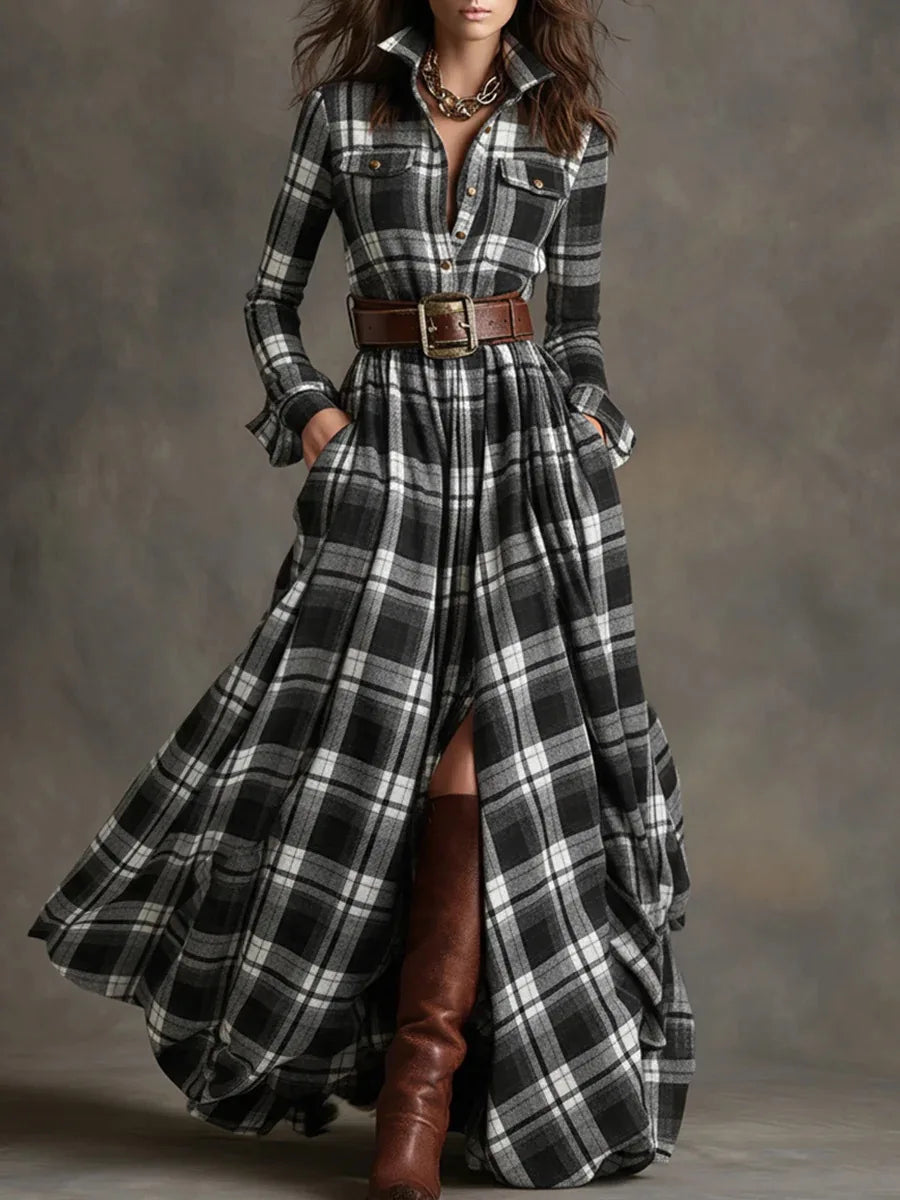 ASHWELL™ | Robe longue à carreaux avec ceinture